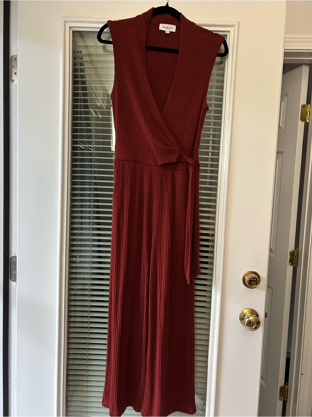 Jumpsuit in Rust Red Ribbed Sleeveless Wrap